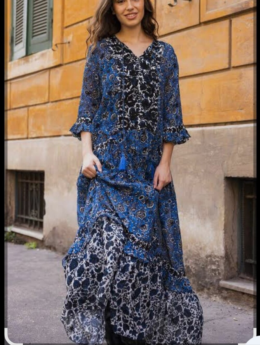 Miss June Paris Ludovica Blue Floral Tiered Maxi Dress with Emboidered Bodice L